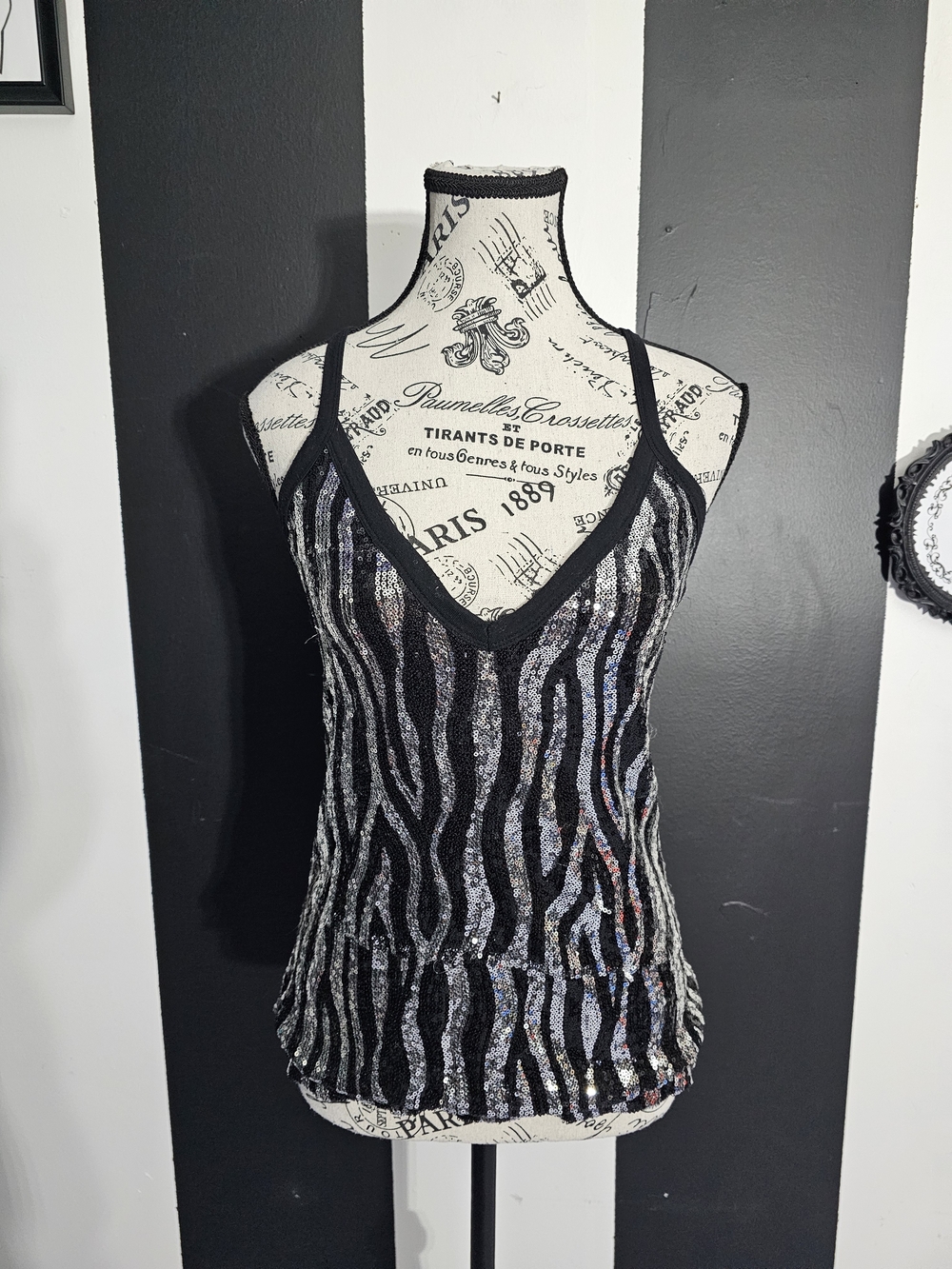 Urban Behavior Black and Silver Sequin Wave-Pattern Camisole